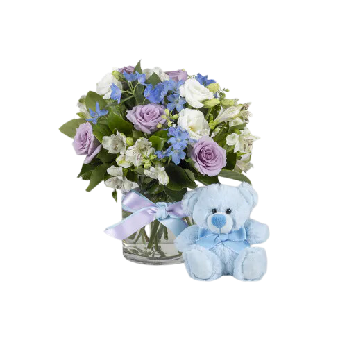 New Baby Teddy Bear and Flowers - Blue