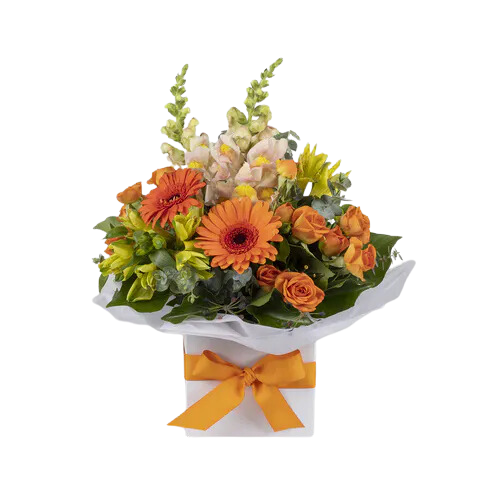 Orange Themed In-season Flower Bouquet in a Box