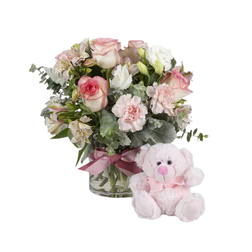 New Baby Teddy Bear and Flowers - Pink