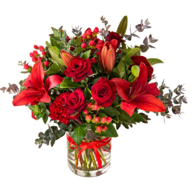 Red roses and Lilies in a vase - Flower Bouquet
